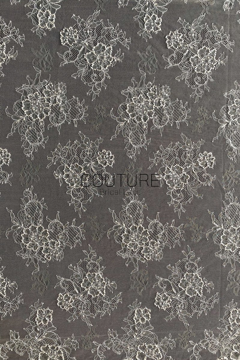 Beaded Chantilly Lace: Ivory Floral Bouquet Clusters with Delicate Scalloped Eyelash Fringe Edge, 3 Meters