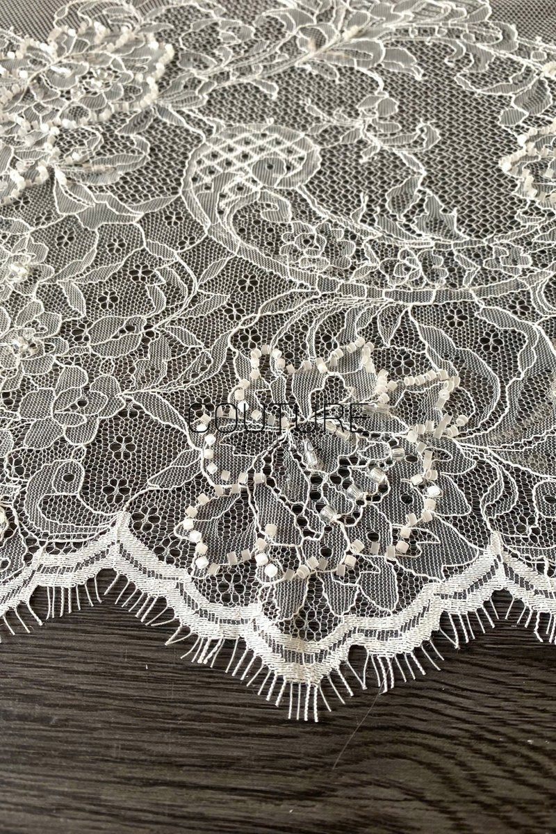 Beaded Chantilly Lace: Ivory Floral Bouquet Clusters with Delicate Scalloped Eyelash Fringe Edge, 3 Meters