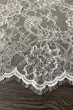 Beaded Chantilly Lace: Ivory Floral Bouquet Clusters with Delicate Scalloped Eyelash Fringe Edge, 3 Meters