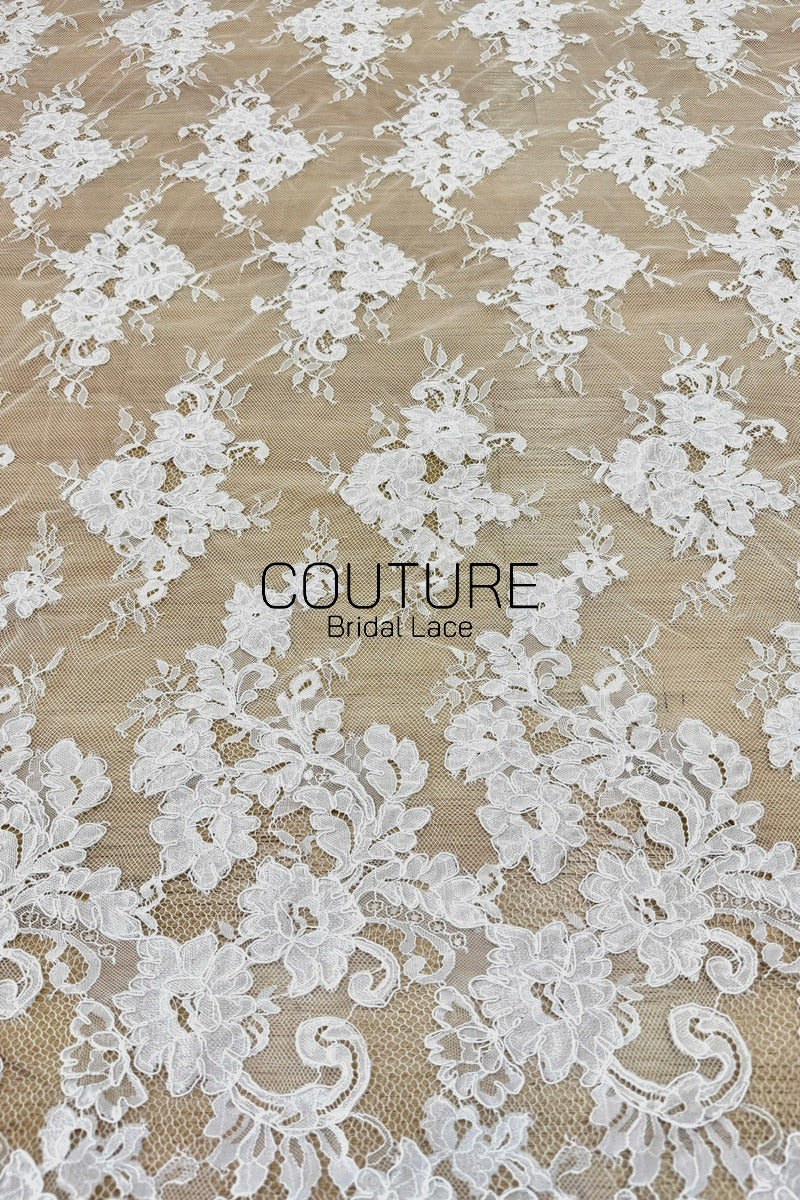 Corded Chantilly French Lace: White Vertical Floral Cluster Columns with Fan Scalloped Border, 3 Meters