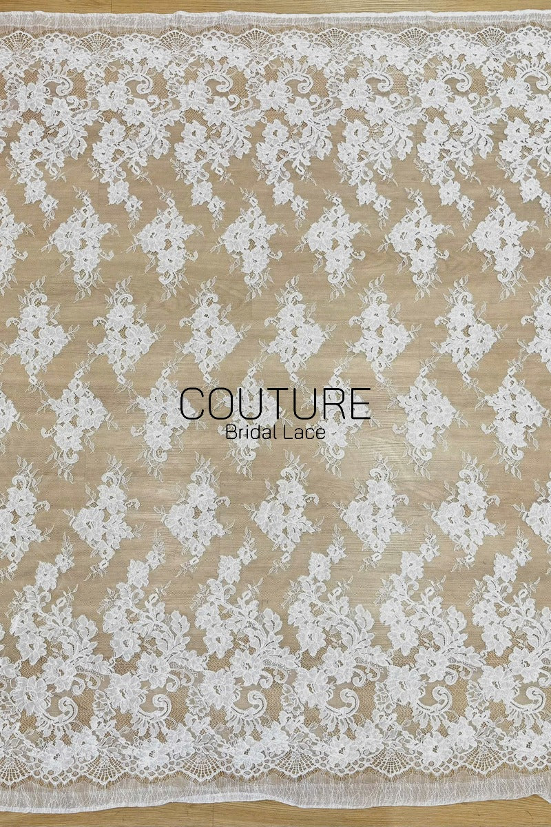 Corded Chantilly French Lace: White Vertical Floral Cluster Columns with Fan Scalloped Border, 3 Meters