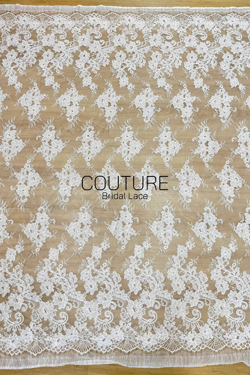 Corded Chantilly French Lace: White Vertical Floral Cluster Columns with Fan Scalloped Border, 3 Meters