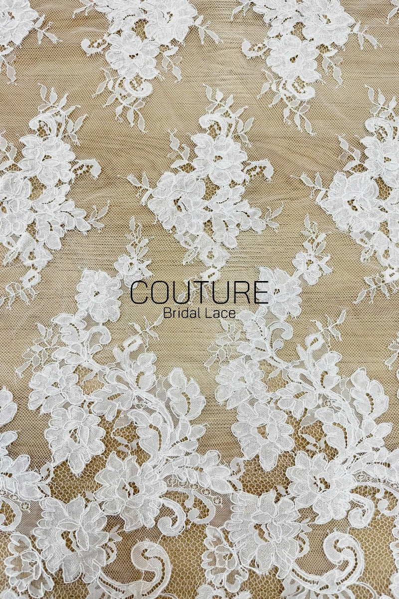 Corded Chantilly French Lace: White Vertical Floral Cluster Columns with Fan Scalloped Border, 3 Meters