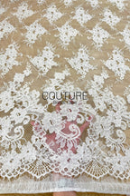 Corded Chantilly French Lace: White Vertical Floral Cluster Columns with Fan Scalloped Border, 3 Meters