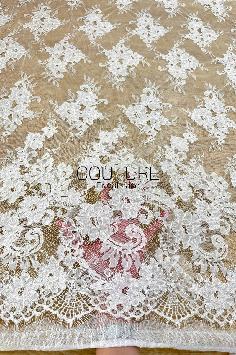 Corded Chantilly French Lace: White Vertical Floral Cluster Columns with Fan Scalloped Border, 3 Meters