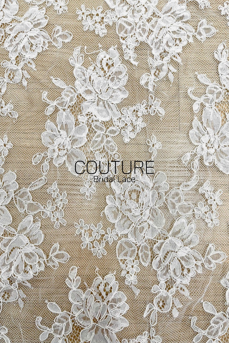 Corded Chantilly French Lace: White Dense Allover Rose Floral Clusters with Basket Scalloped Border, 3 Meters