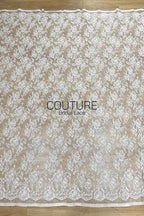 Corded Chantilly French Lace: White Dense Allover Rose Floral Clusters with Basket Scalloped Border, 3 Meters