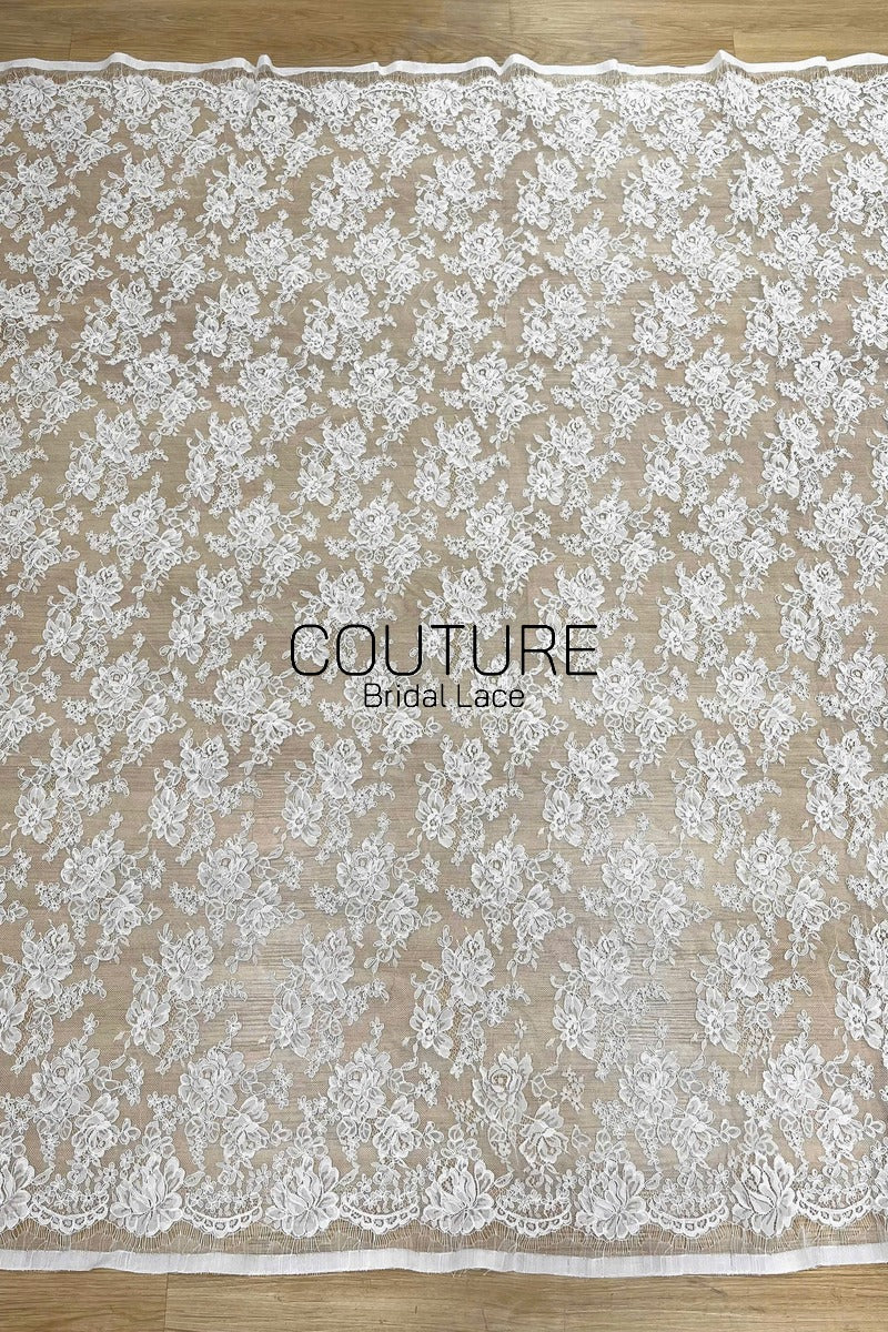 Corded Chantilly French Lace: White Dense Allover Rose Floral Clusters with Basket Scalloped Border, 3 Meters
