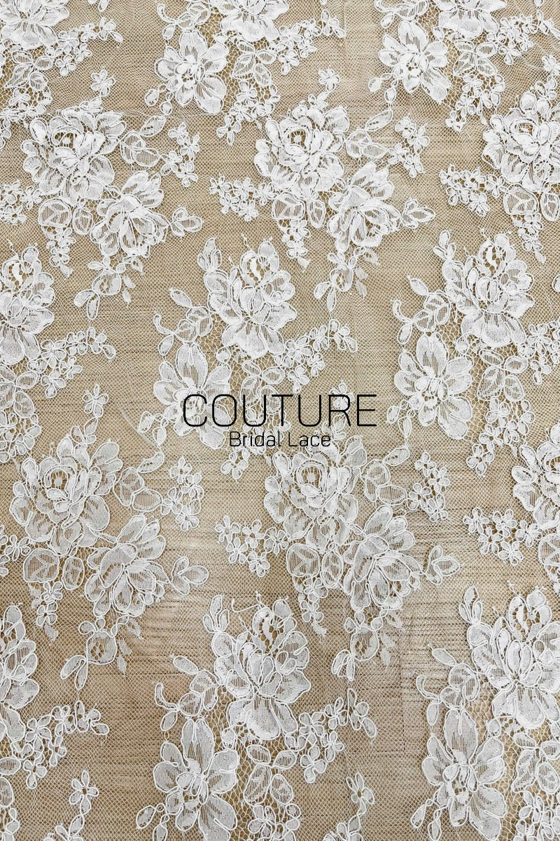Corded Chantilly French Lace: White Dense Allover Rose Floral Clusters with Basket Scalloped Border, 3 Meters
