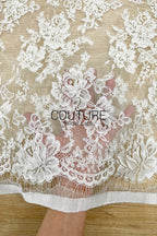 Corded Chantilly French Lace: White Dense Allover Rose Floral Clusters with Basket Scalloped Border, 3 Meters