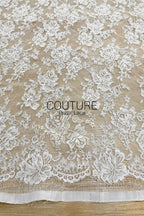 Corded Chantilly French Lace: White Dense Allover Rose Floral Clusters with Basket Scalloped Border, 3 Meters