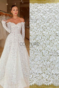 Sequins Chantilly Lace: White Scattered Floral Design with Sequins with Ornate Scalloped Floral Eyelash Border, 3 Meters