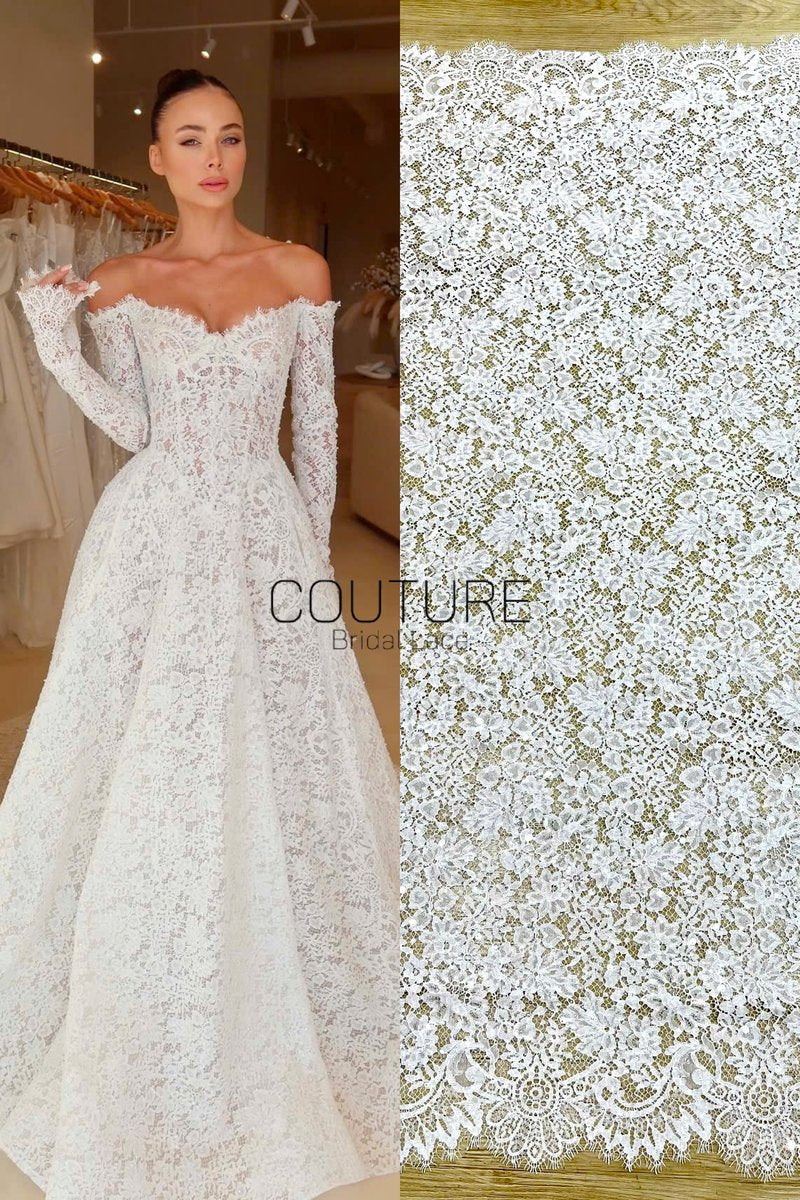 Sequins Chantilly Lace: White Scattered Floral Design with Sequins with Ornate Scalloped Floral Eyelash Border, 3 Meters