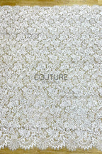 Sequins Chantilly Lace: White Scattered Floral Design with Sequins with Ornate Scalloped Floral Eyelash Border, 3 Meters