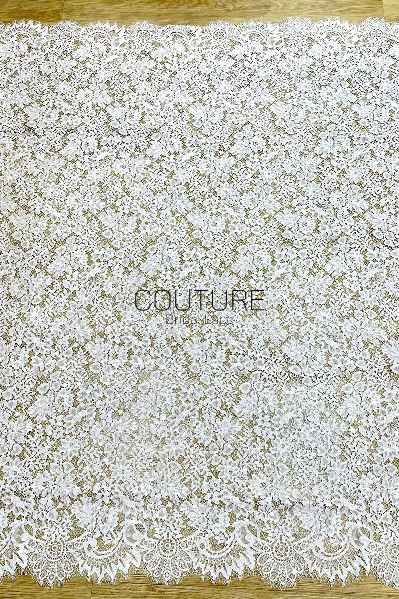 Sequins Chantilly Lace: White Scattered Floral Design with Sequins with Ornate Scalloped Floral Eyelash Border, 3 Meters