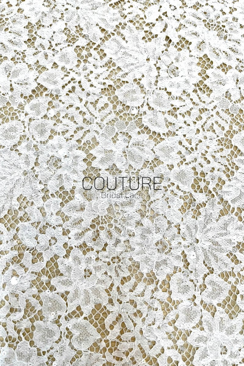Sequins Chantilly Lace: White Scattered Floral Design with Sequins with Ornate Scalloped Floral Eyelash Border, 3 Meters