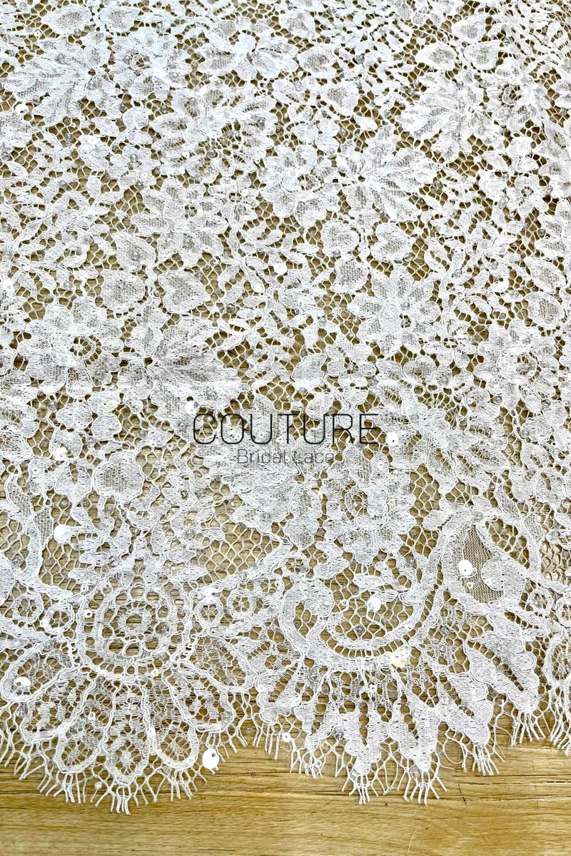 Sequins Chantilly Lace: White Scattered Floral Design with Sequins with Ornate Scalloped Floral Eyelash Border, 3 Meters