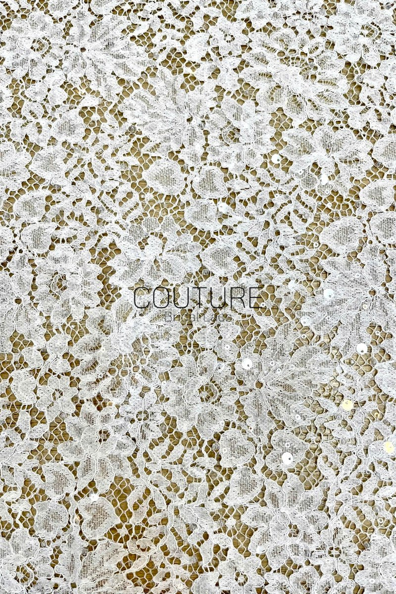 Sequins Chantilly Lace: White Scattered Floral Design with Sequins with Ornate Scalloped Floral Eyelash Border, 3 Meters