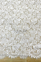 Sequins Chantilly Lace: White Scattered Floral Design with Sequins with Ornate Scalloped Floral Eyelash Border, 3 Meters