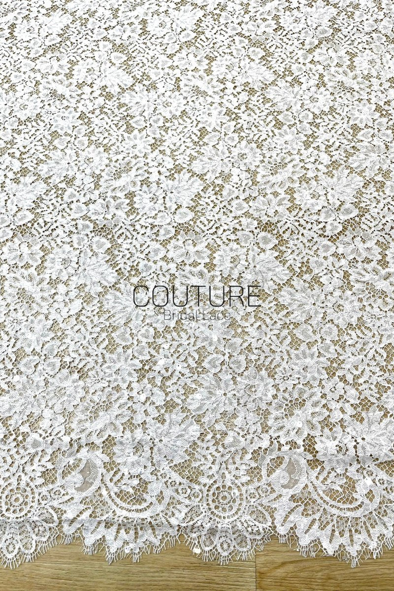 Sequins Chantilly Lace: White Scattered Floral Design with Sequins with Ornate Scalloped Floral Eyelash Border, 3 Meters