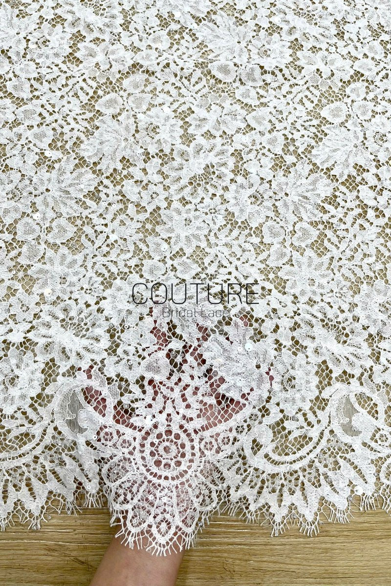Sequins Chantilly Lace: White Scattered Floral Design with Sequins with Ornate Scalloped Floral Eyelash Border, 3 Meters