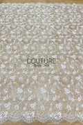 Corded Chantilly French Lace: White Allover Dainty Blossom with Ornate Eyelash Scalloped Border, 3 Meters