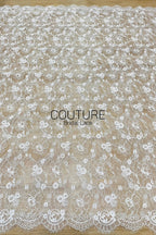 Corded Chantilly French Lace: White Allover Dainty Blossom with Ornate Eyelash Scalloped Border, 3 Meters