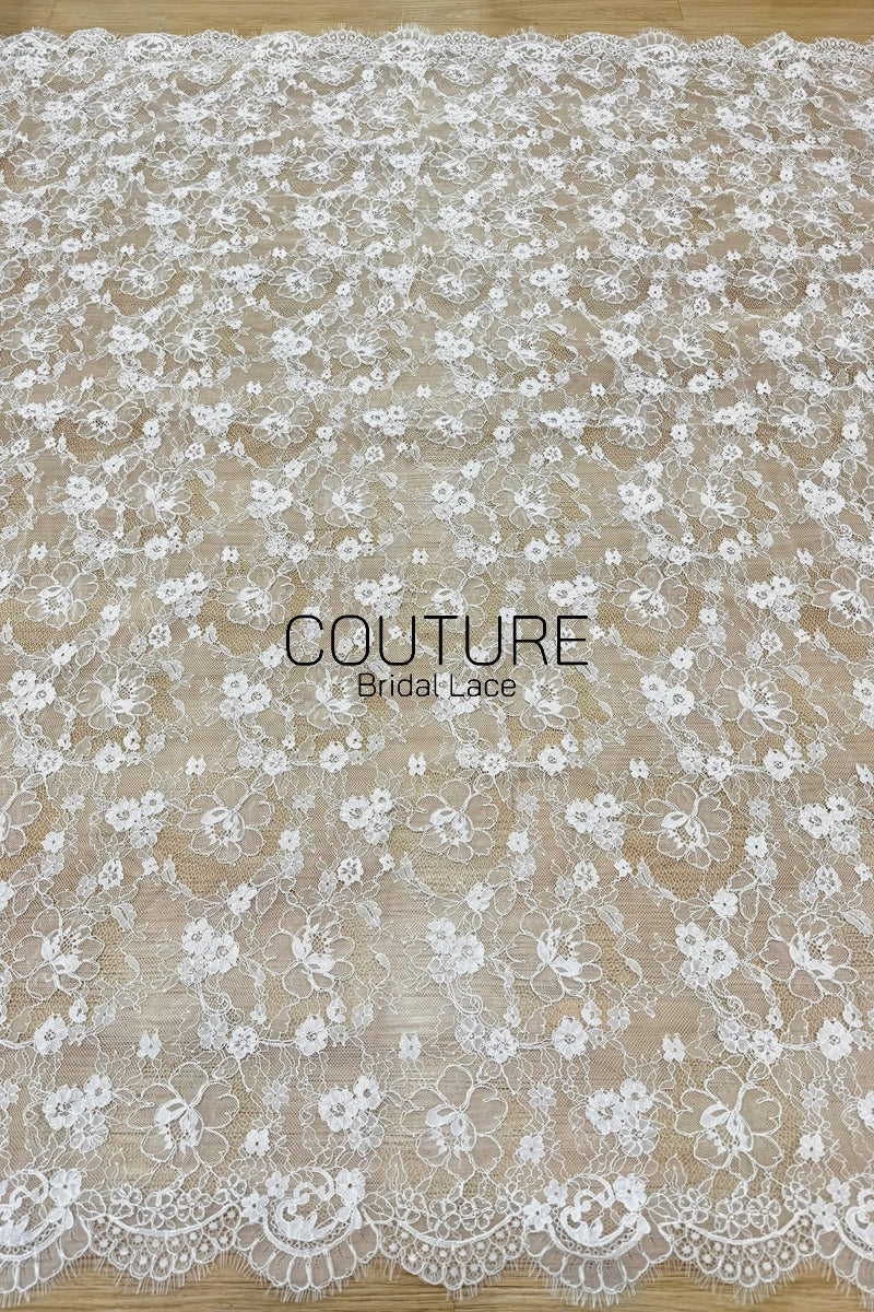 Corded Chantilly French Lace: White Allover Dainty Blossom with Ornate Eyelash Scalloped Border, 3 Meters