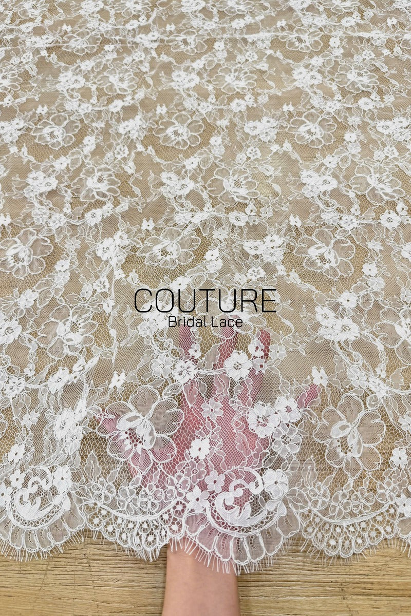 Corded Chantilly French Lace: White Allover Dainty Blossom with Ornate Eyelash Scalloped Border, 3 Meters
