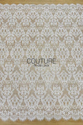 Corded Chantilly French Lace: White Baroque Damask Ogee Allover with Eyelash Scalloped Border, 3 Meters