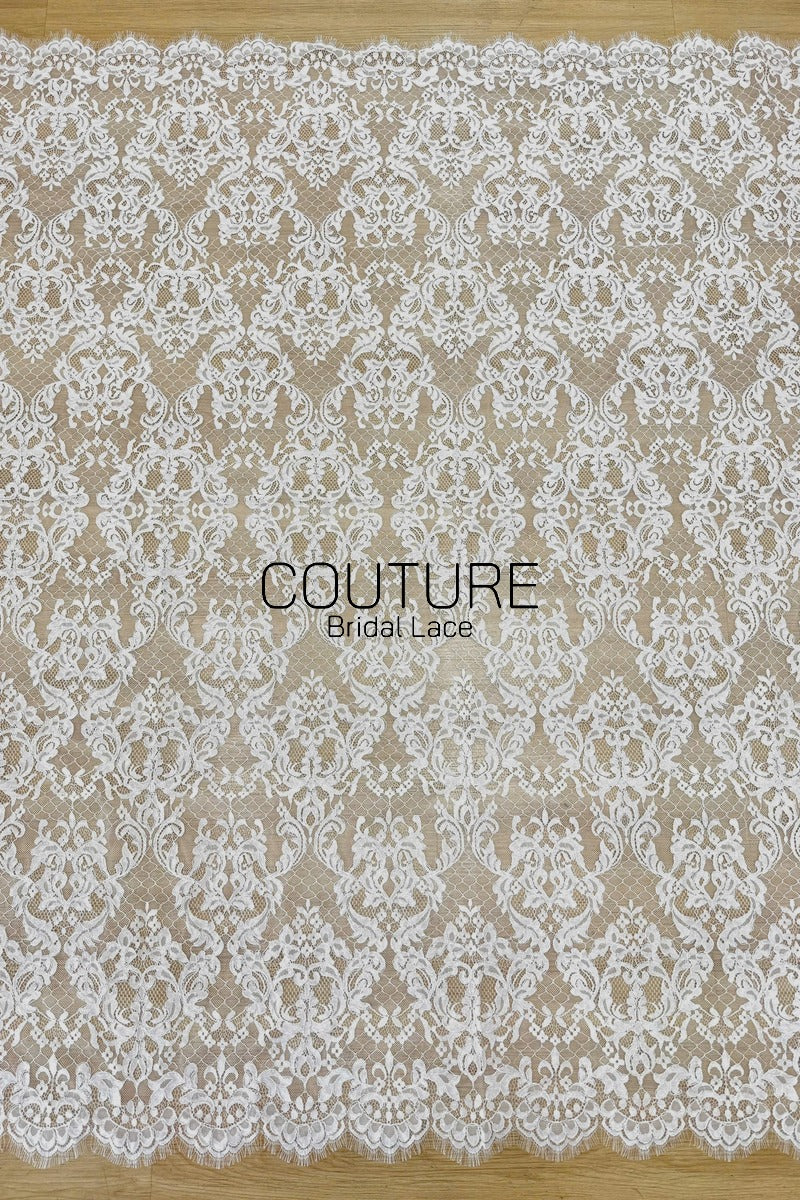 Corded Chantilly French Lace: White Baroque Damask Ogee Allover with Eyelash Scalloped Border, 3 Meters