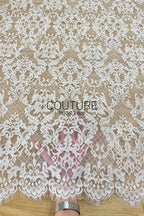 Corded Chantilly French Lace: White Baroque Damask Ogee Allover with Eyelash Scalloped Border, 3 Meters