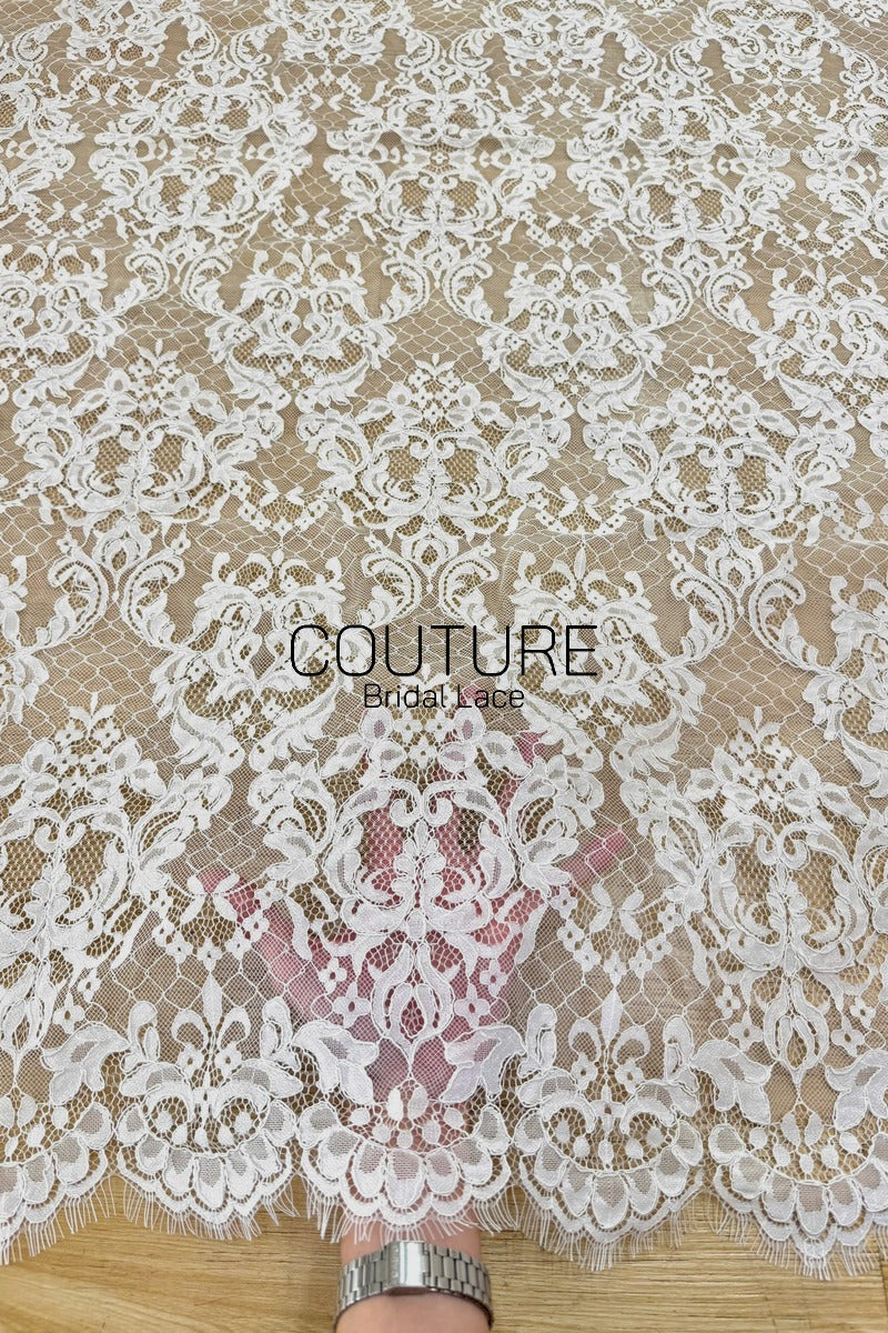 Corded Chantilly French Lace: White Baroque Damask Ogee Allover with Eyelash Scalloped Border, 3 Meters