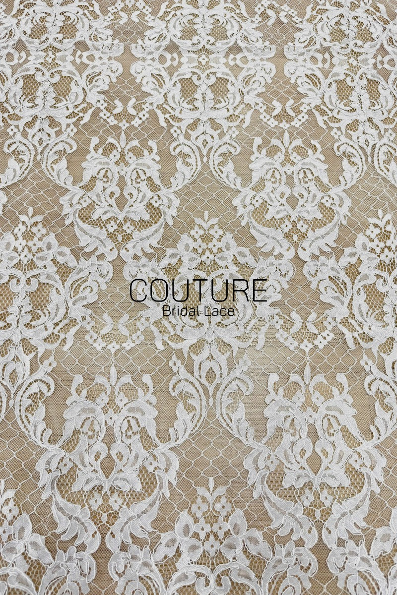 Corded Chantilly French Lace: White Baroque Damask Ogee Allover with Eyelash Scalloped Border, 3 Meters