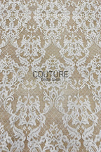 Corded Chantilly French Lace: White Baroque Damask Ogee Allover with Eyelash Scalloped Border, 3 Meters