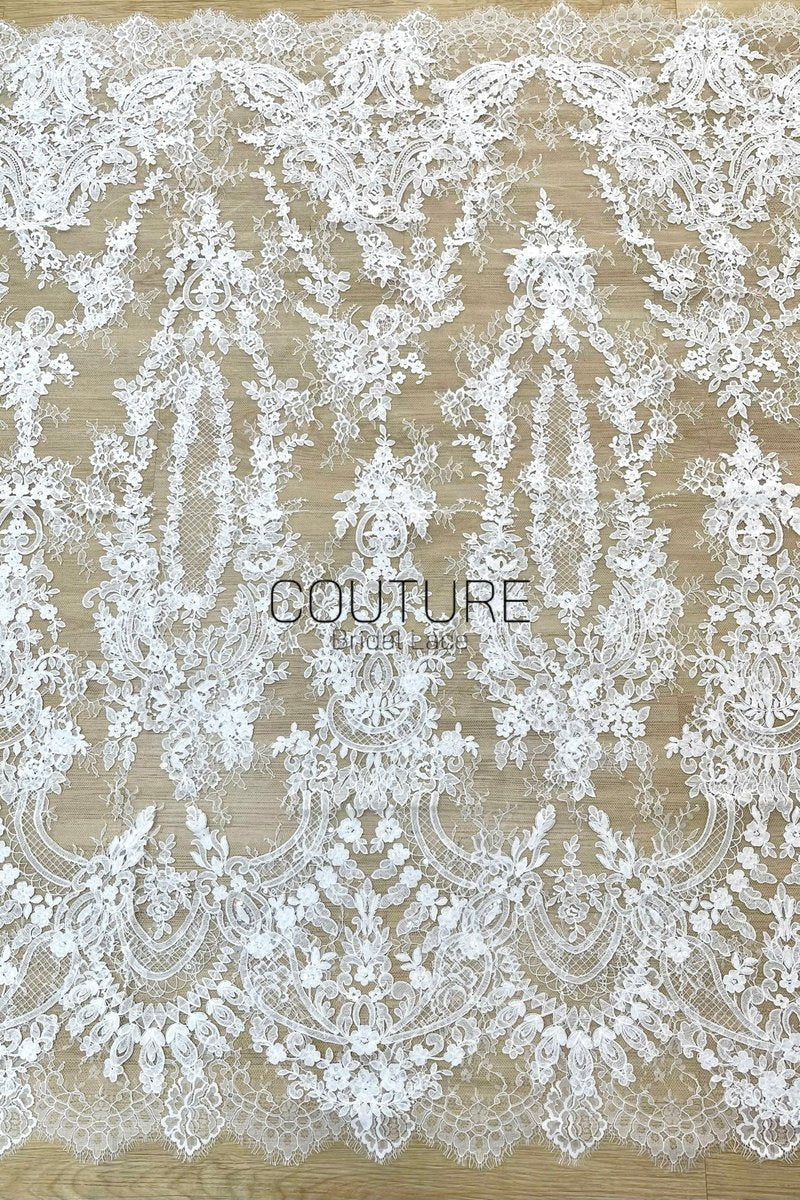 Sequins Chantilly Lace: White Intricate Trailing Floral Botanical Pattern with Delicate Scalloped Floral Eyelash Edge, 3 Meters