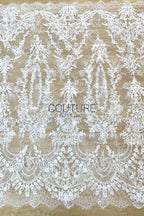 Sequins Chantilly Lace: White Intricate Trailing Floral Botanical Pattern with Delicate Scalloped Floral Eyelash Edge, 3 Meters