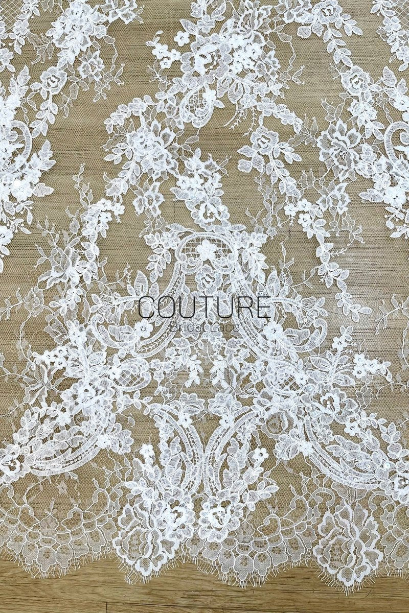 Sequins Chantilly Lace: White Intricate Trailing Floral Botanical Pattern with Delicate Scalloped Floral Eyelash Edge, 3 Meters