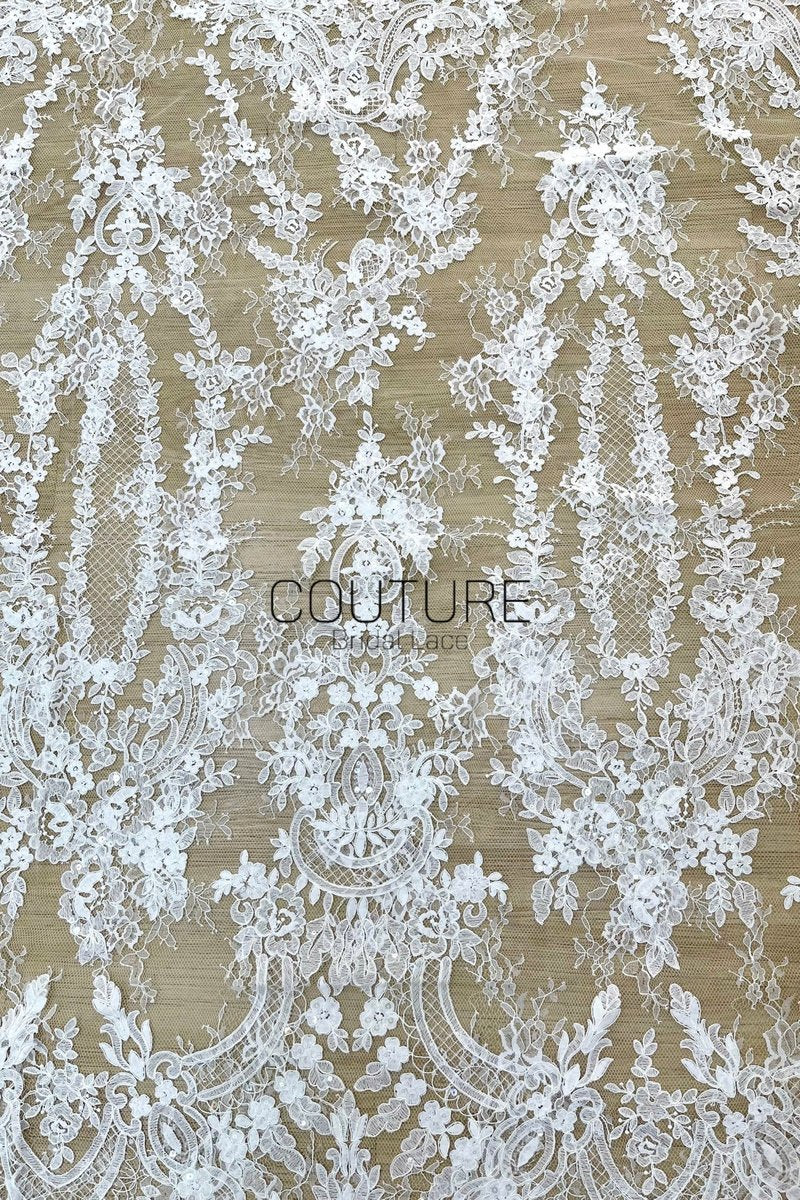 Sequins Chantilly Lace: White Intricate Trailing Floral Botanical Pattern with Delicate Scalloped Floral Eyelash Edge, 3 Meters