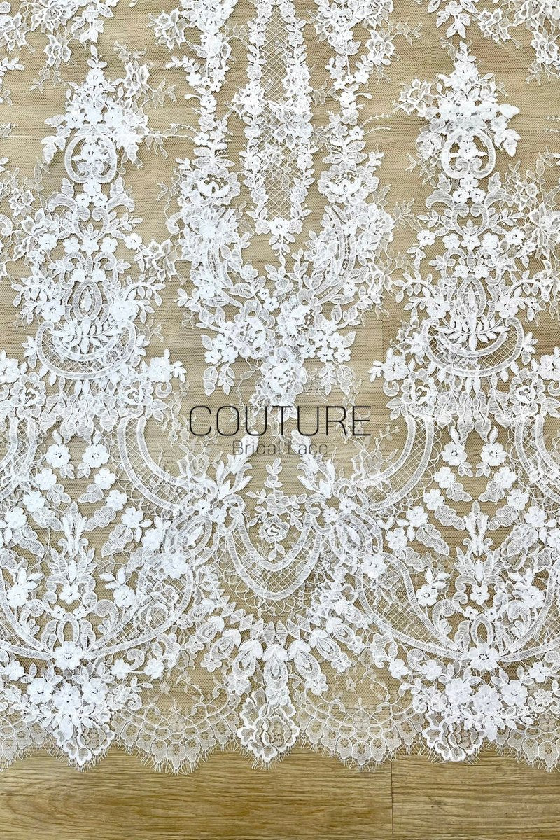 Sequins Chantilly Lace: White Intricate Trailing Floral Botanical Pattern with Delicate Scalloped Floral Eyelash Edge, 3 Meters