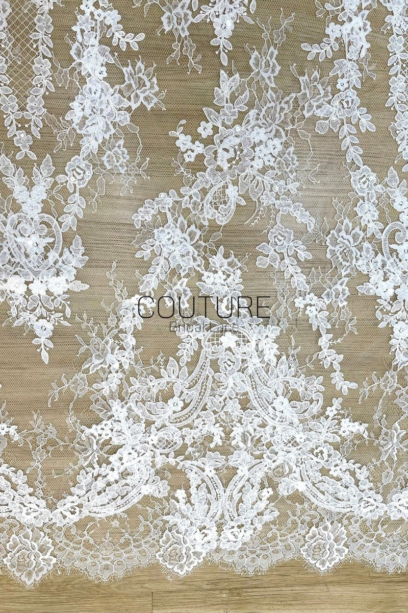Sequins Chantilly Lace: White Intricate Trailing Floral Botanical Pattern with Delicate Scalloped Floral Eyelash Edge, 3 Meters