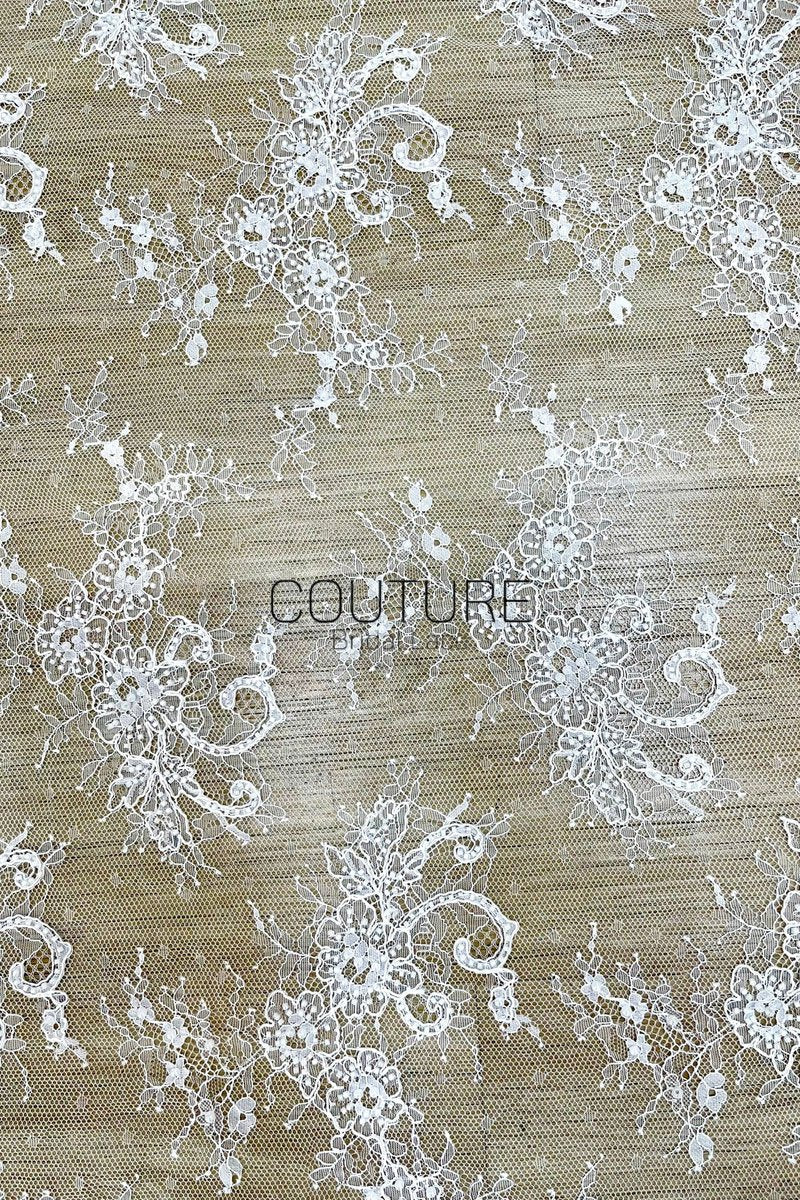 Beaded Chantilly Lace: White Ornate Floral Scrollwork with Large Scalloped Floral Medallion Border, 3 Meters