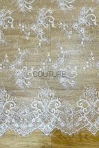 Beaded Chantilly Lace: White Ornate Floral Scrollwork with Large Scalloped Floral Medallion Border, 3 Meters