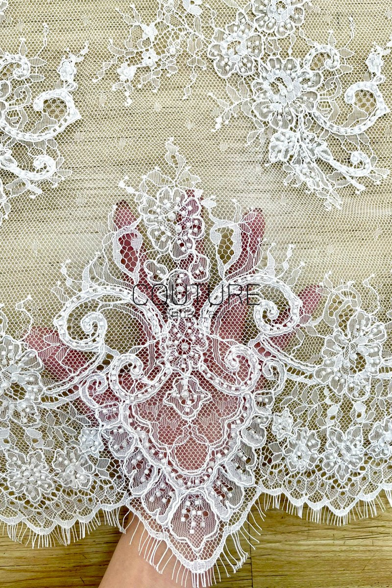 Beaded Chantilly Lace: White Ornate Floral Scrollwork with Large Scalloped Floral Medallion Border, 3 Meters