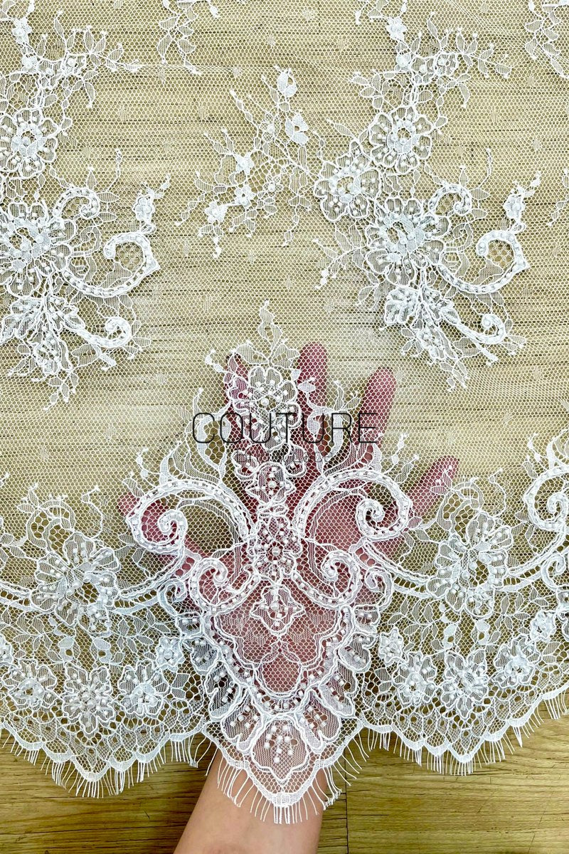 Beaded Chantilly Lace: White Ornate Floral Scrollwork with Large Scalloped Floral Medallion Border, 3 Meters