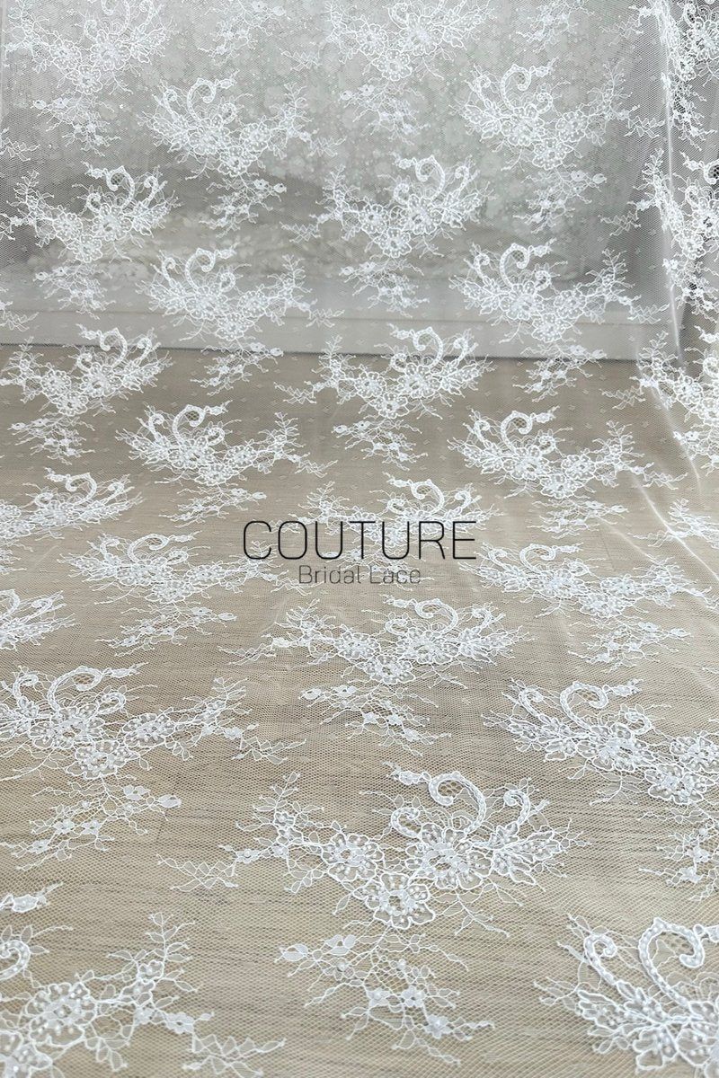 Beaded Chantilly Lace: White Ornate Floral Scrollwork with Large Scalloped Floral Medallion Border, 3 Meters