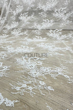 Beaded Chantilly Lace: White Ornate Floral Scrollwork with Large Scalloped Floral Medallion Border, 3 Meters