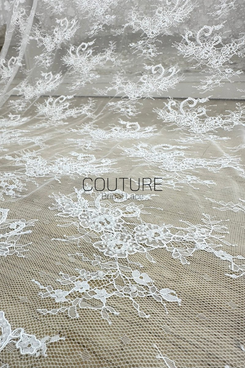 Beaded Chantilly Lace: White Ornate Floral Scrollwork with Large Scalloped Floral Medallion Border, 3 Meters