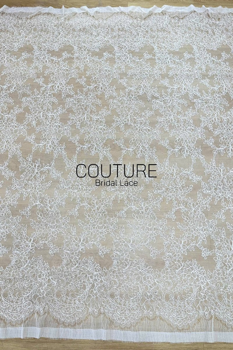 Corded Chantilly French Lace: White Floral Wreath Medallion with Eyelash Scalloped Border, 3 Meters