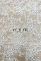 Corded Chantilly French Lace: White Floral Wreath Medallion with Eyelash Scalloped Border, 3 Meters